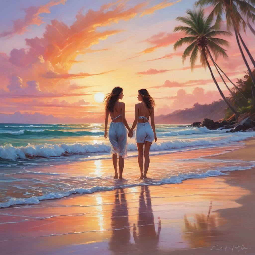 A serene, picturesque scene of a tranquil beach at sunset, with gentle waves lapping at the shore. A couple joyfully splashing water while exploring their playful intimacy, surrounded by palm trees and a vibrant sky. Elements of sensuality and joy are captured through their expressions and gestures, conveying a sense of bliss and satisfaction. soft pastel colors, smooth textures, whimsical style.