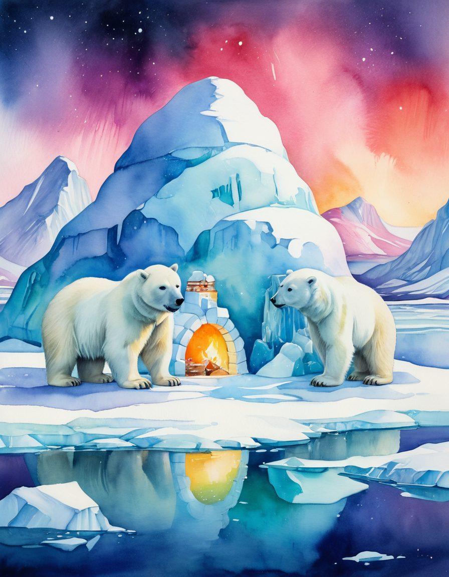 A whimsical Arctic landscape, featuring playful polar bears engaging in cheeky activities, surrounded by colorful icebergs and twinkling northern lights. Incorporate a cozy igloo with soft lighting, suggesting intimate warmth amidst the chilly backdrop. The scene should evoke a sense of fun and discovery with a touch of mischief. vibrant colors. enchanting style. watercolor.