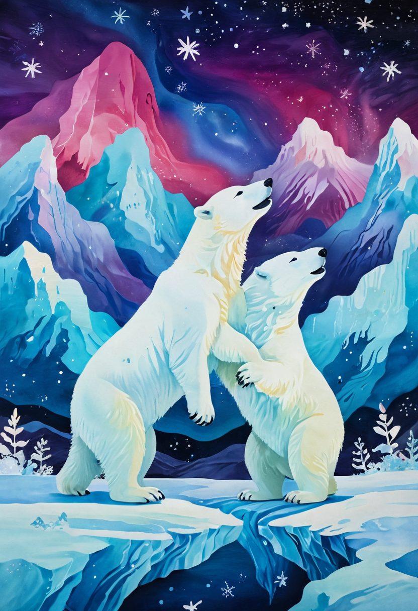 A whimsical and ethereal scene depicting an arctic landscape with icy blue hues, where playful polar bears enjoy a lively ice dance amidst colorful, abstract shapes symbolizing joy and pleasure. Enchanting auroras illuminate the night sky, while gentle, sparkling snowflakes fall softly. The composition should evoke a sense of adventure and happiness, blending nature with a whimsical twist. super-realistic. vibrant colors. magical atmosphere.